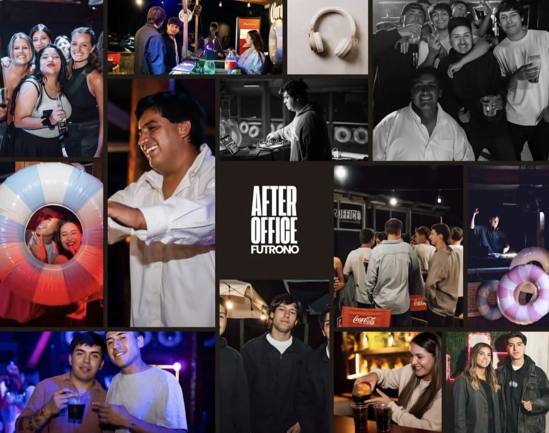 Collage de momentos en After Office Futrono — clientes, barra y noches en el local
